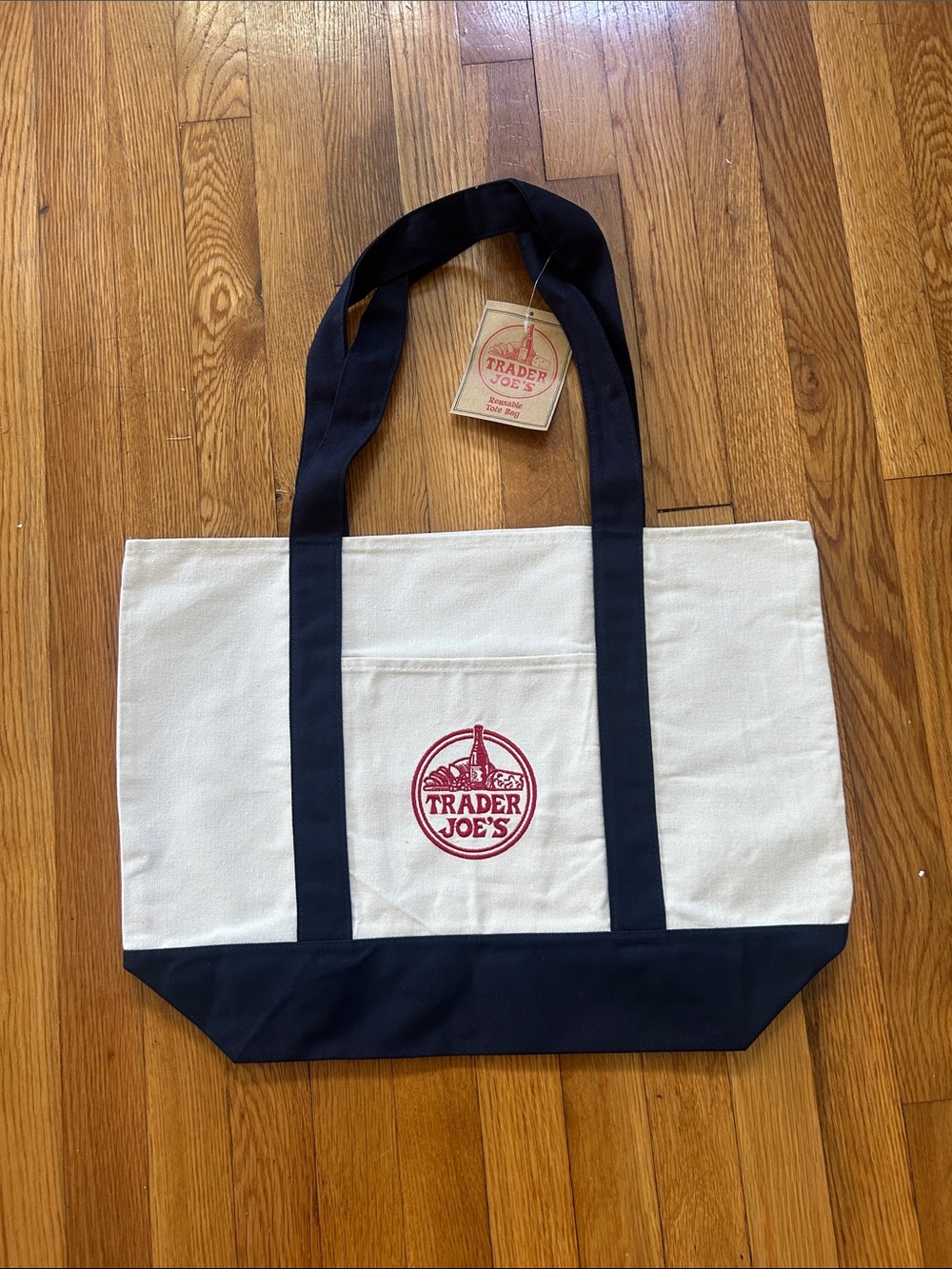 Trader Joe's Cream Canvas Tote with Navy Accents